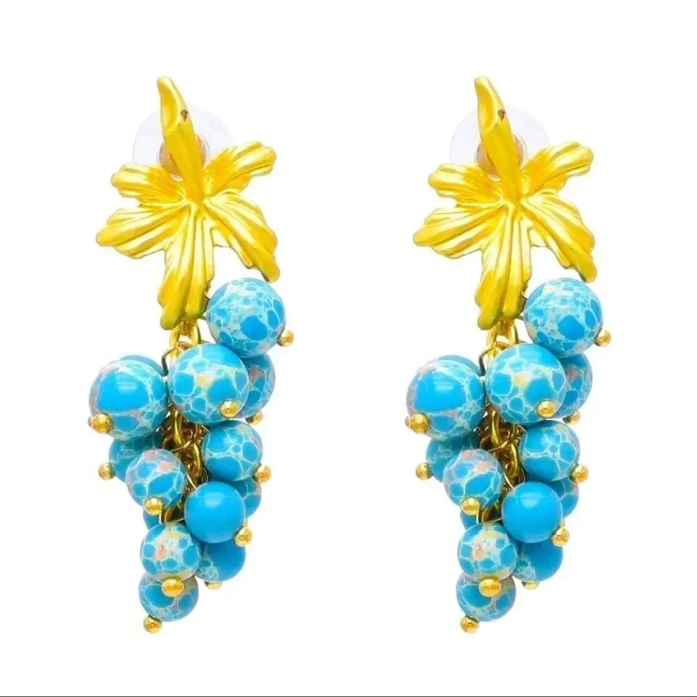LuxuryTurquoise Stone Blue Leaf Grape Earrings